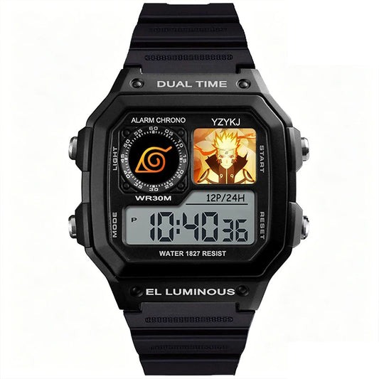 Naruto Sasuke Anime Digital Sports Watch, 30M Waterproof Dual Time EL Backlight Chronograph Wrist Watch