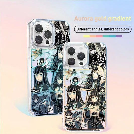 Demon Slayer Tokito Muichiro Anime Phone Case, Aurora Gradient Comic Collage Shockproof Airbag Protective Case For All iPhone Models Removable Lens Frame Clear Cell Phone Cover