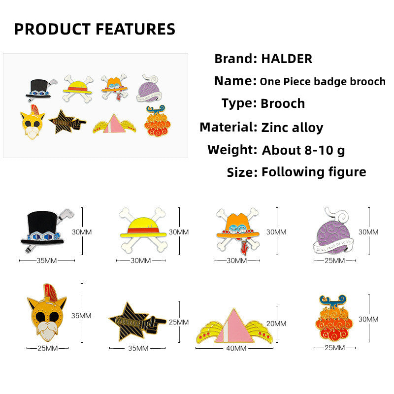 Luffy/Zoro/Sanji legeret kranium mark stråhat tegneserie badge broche