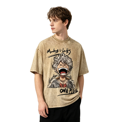 One Piece Luffy Nika Vintage Washed T-Shirt - Anime Oversized Streetwear Tee
