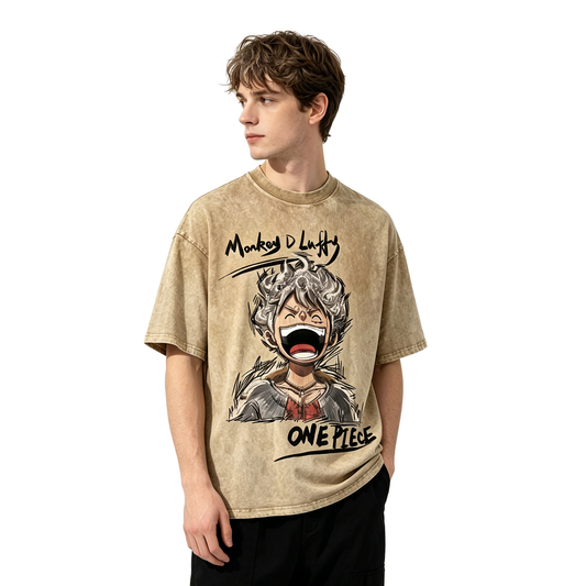 One Piece Luffy Nika Vintage Washed T-Shirt - Anime Oversized Streetwear Tee