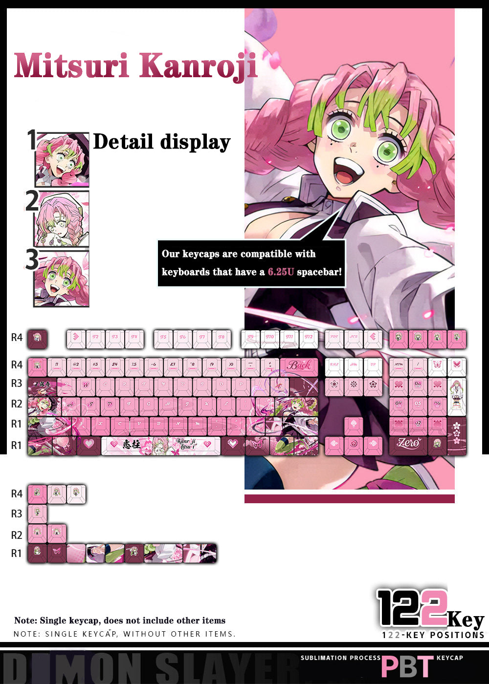 Demon Slayer Kanroji Mitsuri Keycaps 122 PBT Sublimation Keycap sæt til mekanisk tastatur med detaljeret skærm og mulighed for enkelt tastatur