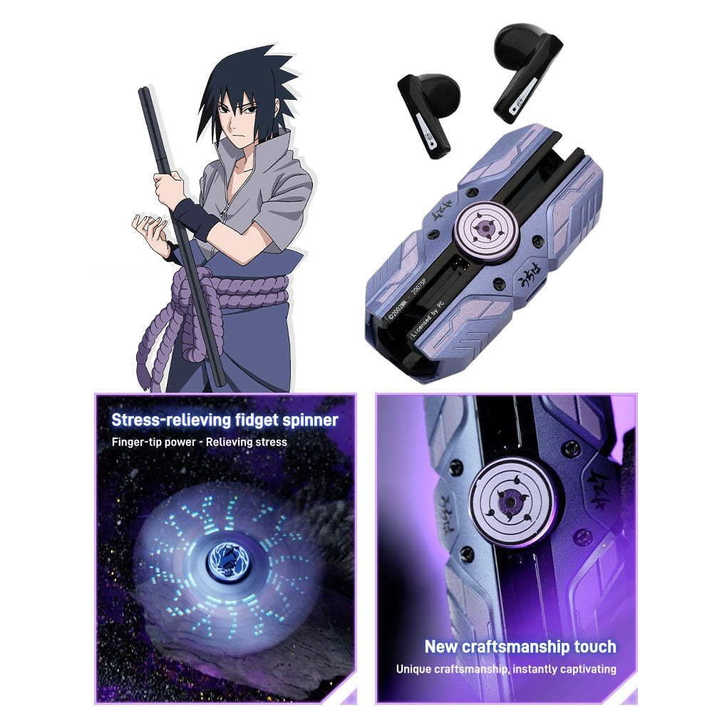 Uchiha Sasuke Anime Bluetooth-Ohrhörer mit leuchtender Spinner-Hülle für verbessertes Hörerlebnis, kabellose Kopfhörer für Anime-Fans