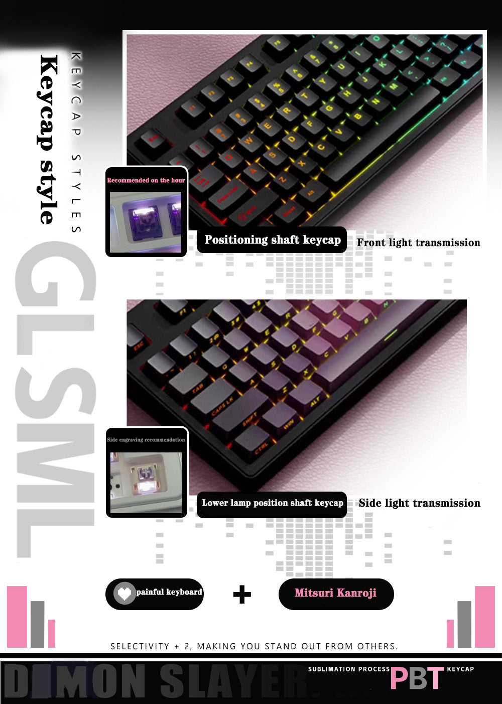 Demon Slayer Kanroji Mitsuri Keycaps 122 PBT Sublimation Keycap sæt til mekanisk tastatur med detaljeret skærm og mulighed for enkelt tastatur