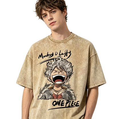 One Piece Luffy Nika Vintage Washed T-Shirt - Anime Oversized Streetwear Tee