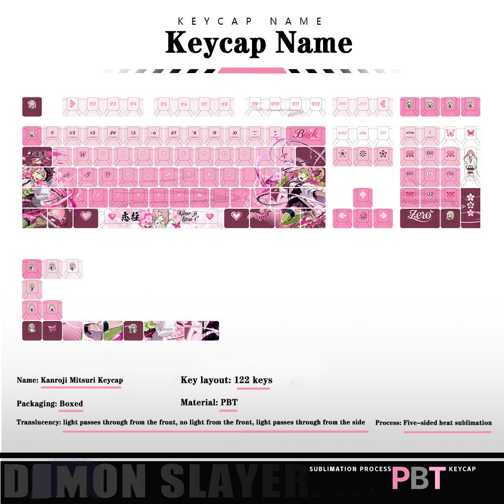 Demon Slayer Kanroji Mitsuri Keycaps 122 PBT Sublimation Keycap sæt til mekanisk tastatur med detaljeret skærm og mulighed for enkelt tastatur