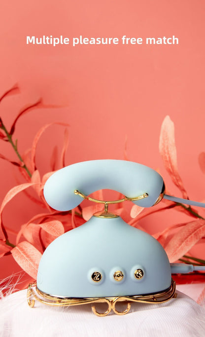 Vintage Landline Phone Shape Women Personal Wellness Massager Set with Suction Vibration Heating Nipple Clamp Modes Silicone Adult Intimate Care Device Waterproof Rechargeable