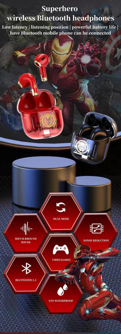 Marvel Iron Man Captain America TWS Wireless Gaming Earbuds, Transparent Case Bluetooth 5.3 Low Latency Headphones
