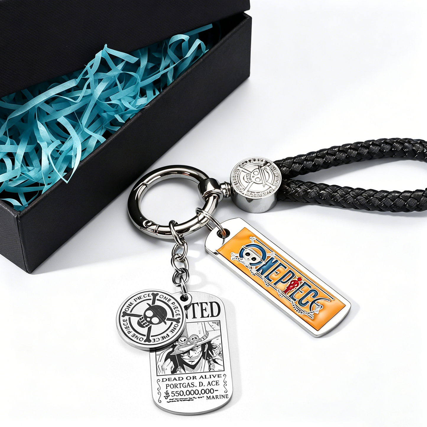 One Piece Anime Keychain Set - Braided Leather Wanted Poster Pendant Keychain