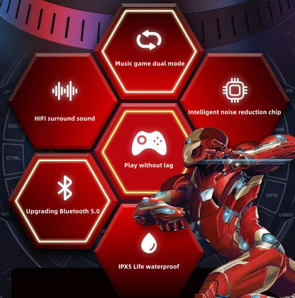 Marvel Spider-Man Iron Man Captain America Gaming-øretelefoner, Marvel TWS trådløse hovedtelefoner med LED-lys