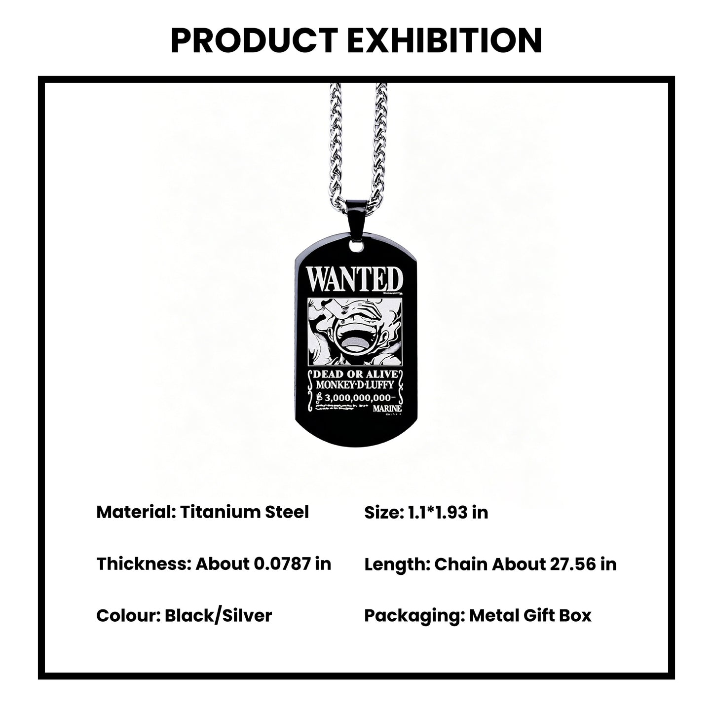 One Piece Luffy Sanji Wanted Poster Dog Tag Necklace, Titanium Steel Anime Jewelry for Fans