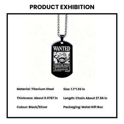 One Piece Luffy Sanji Wanted Poster Dog Tag Necklace, Titanium Steel Anime Jewelry for Fans