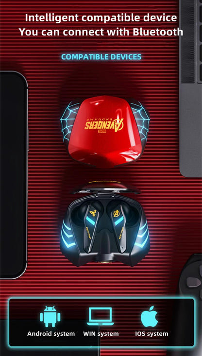 Marvel Spider-Man Iron Man Captain America Gaming-øretelefoner, Marvel TWS trådløse hovedtelefoner med LED-lys