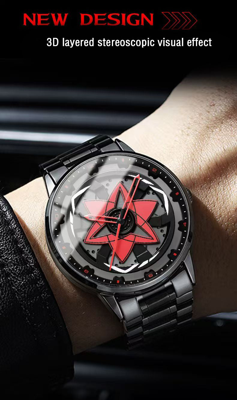 Naruto Sasuke Itachi Rotating Sharingan Watch Ring Set, Anime 360° Spinning Dial Stainless Steel Wrist Watch for Men