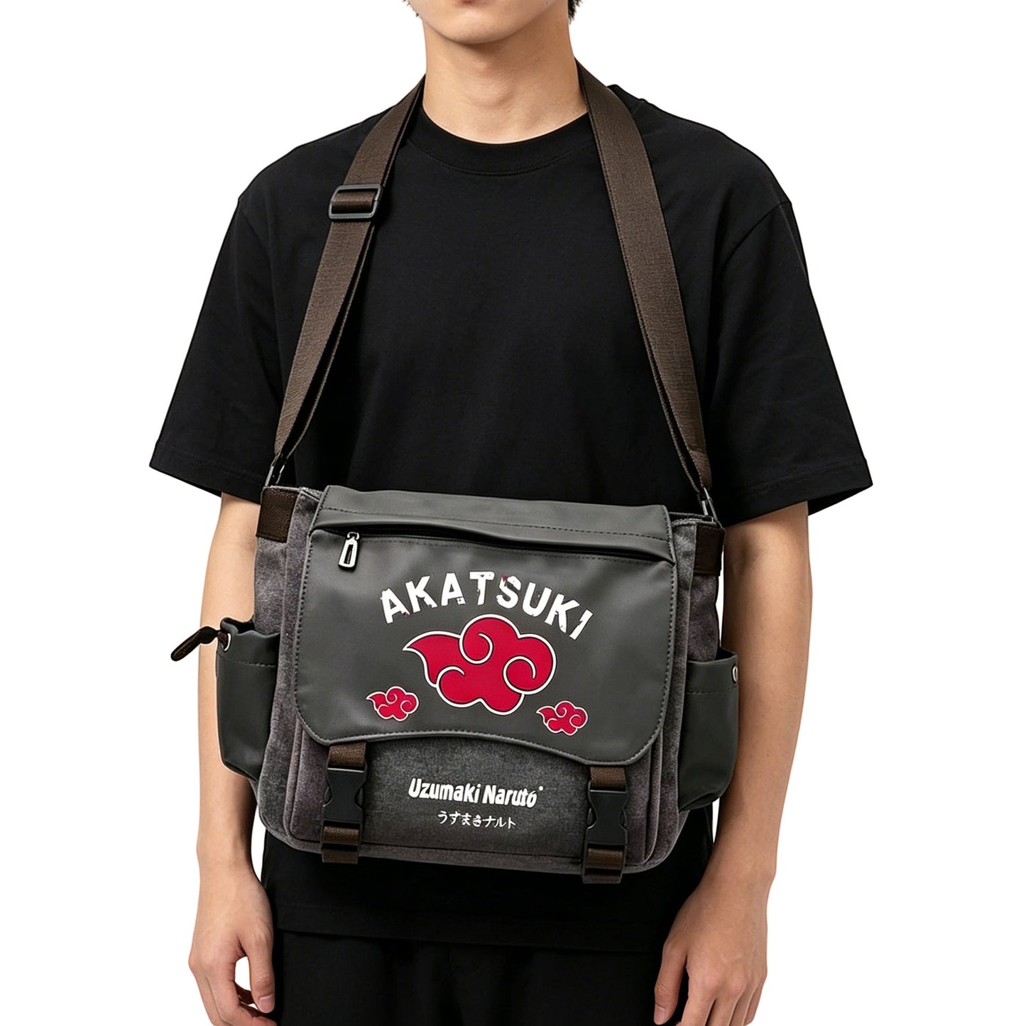 Naruto Sasuke Anime Messenger Bag, Akatsuki Leaf Village Logo Canvas Crossbody Shoulder Bag