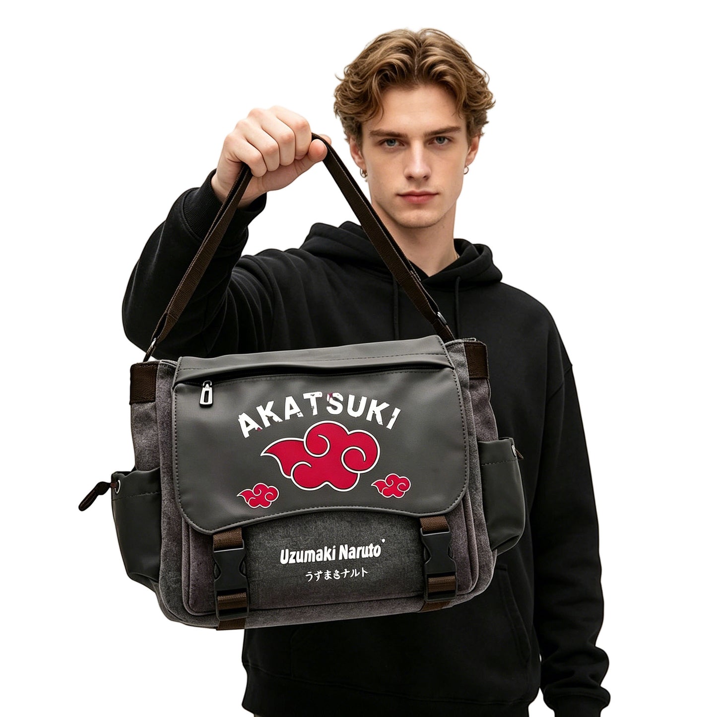 Naruto Sasuke Anime Messenger Bag, Akatsuki Leaf Village Logo Canvas Crossbody Shoulder Bag