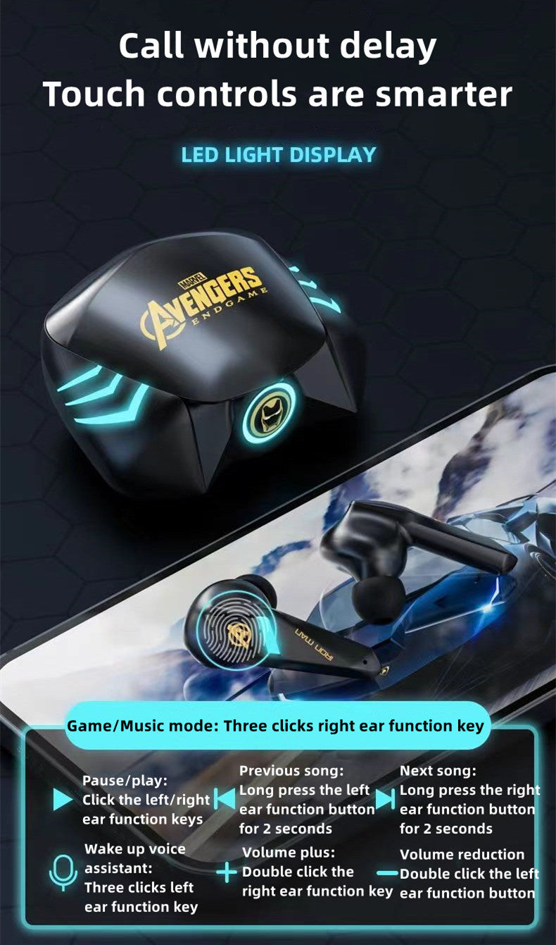 Marvel Spider-Man Iron Man Captain America Gaming-øretelefoner, Marvel TWS trådløse hovedtelefoner med LED-lys