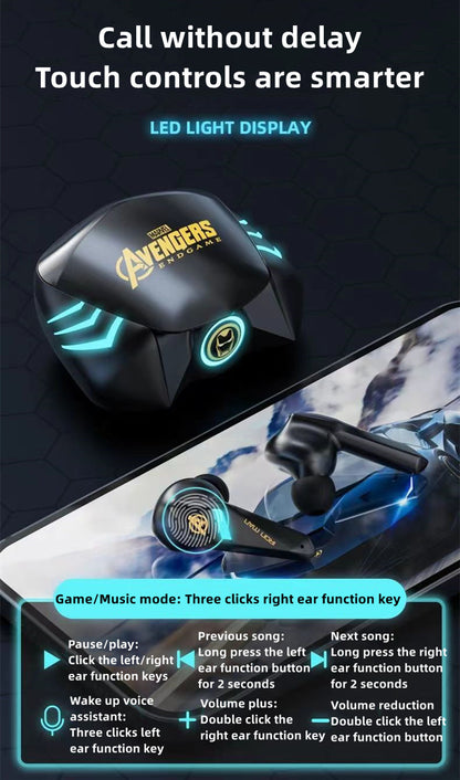 Marvel Spider-Man Iron Man Captain America Gaming-øretelefoner, Marvel TWS trådløse hovedtelefoner med LED-lys