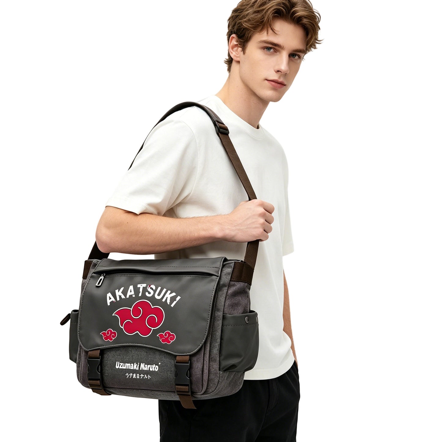 Naruto Sasuke Anime Messenger Bag, Akatsuki Leaf Village Logo Canvas Crossbody Shoulder Bag