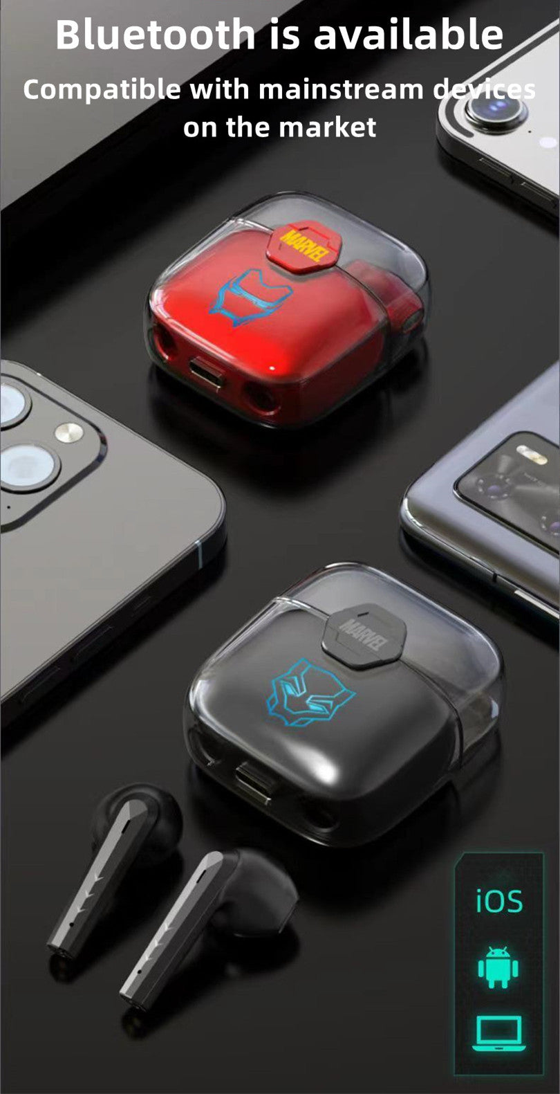 Marvel Iron Man Black Panther kabellose Ohrhörer, Marvel TWS Bluetooth 5.1 Kopfhörer mit LED-Licht