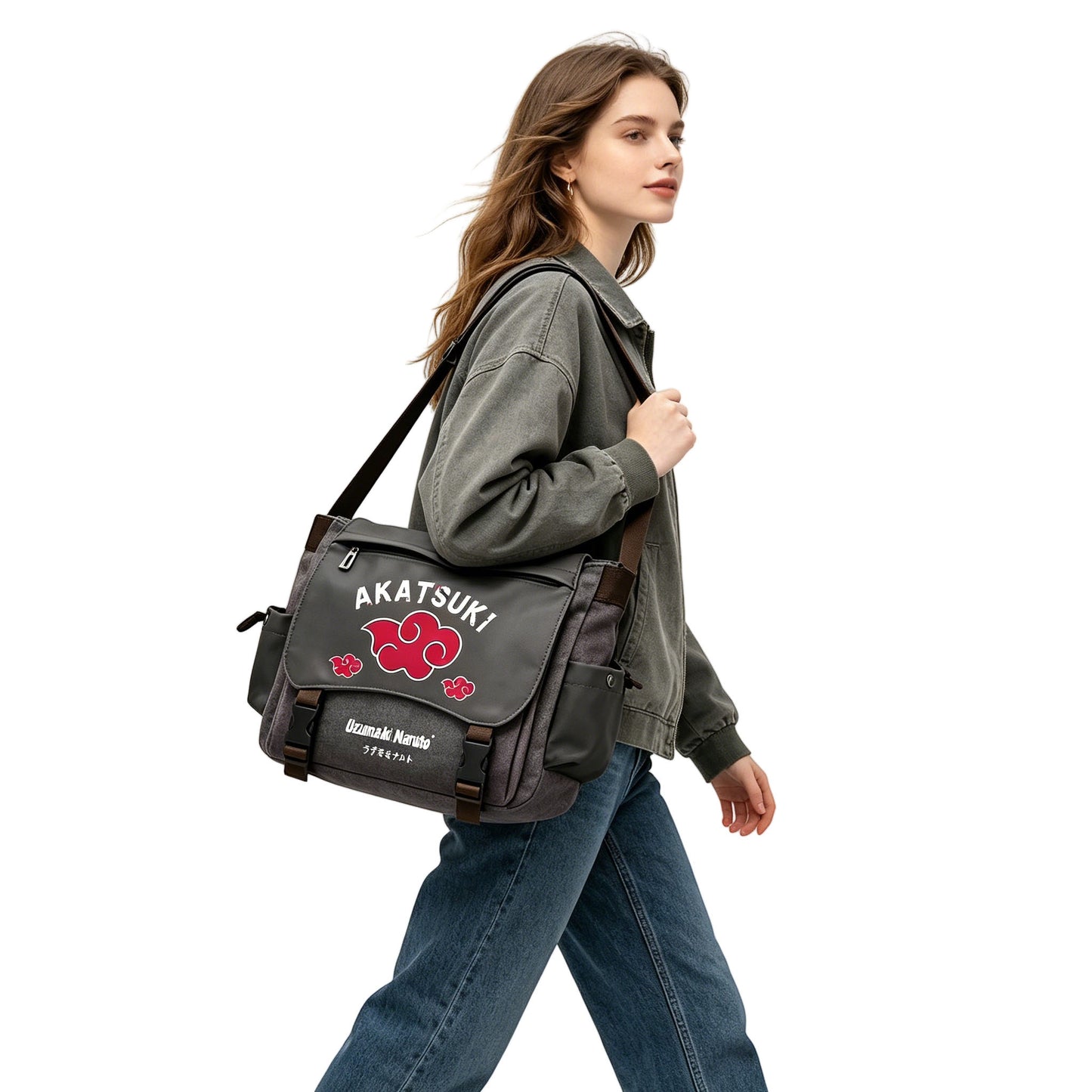Naruto Sasuke Anime Messenger Bag, Akatsuki Leaf Village Logo Canvas Crossbody Shoulder Bag