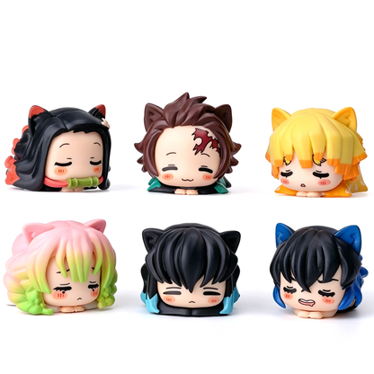 Demon Slayer Nezuko Tanjiro Cat Ear Chibi figurer, 6 stk Anime Sovende Figursæt