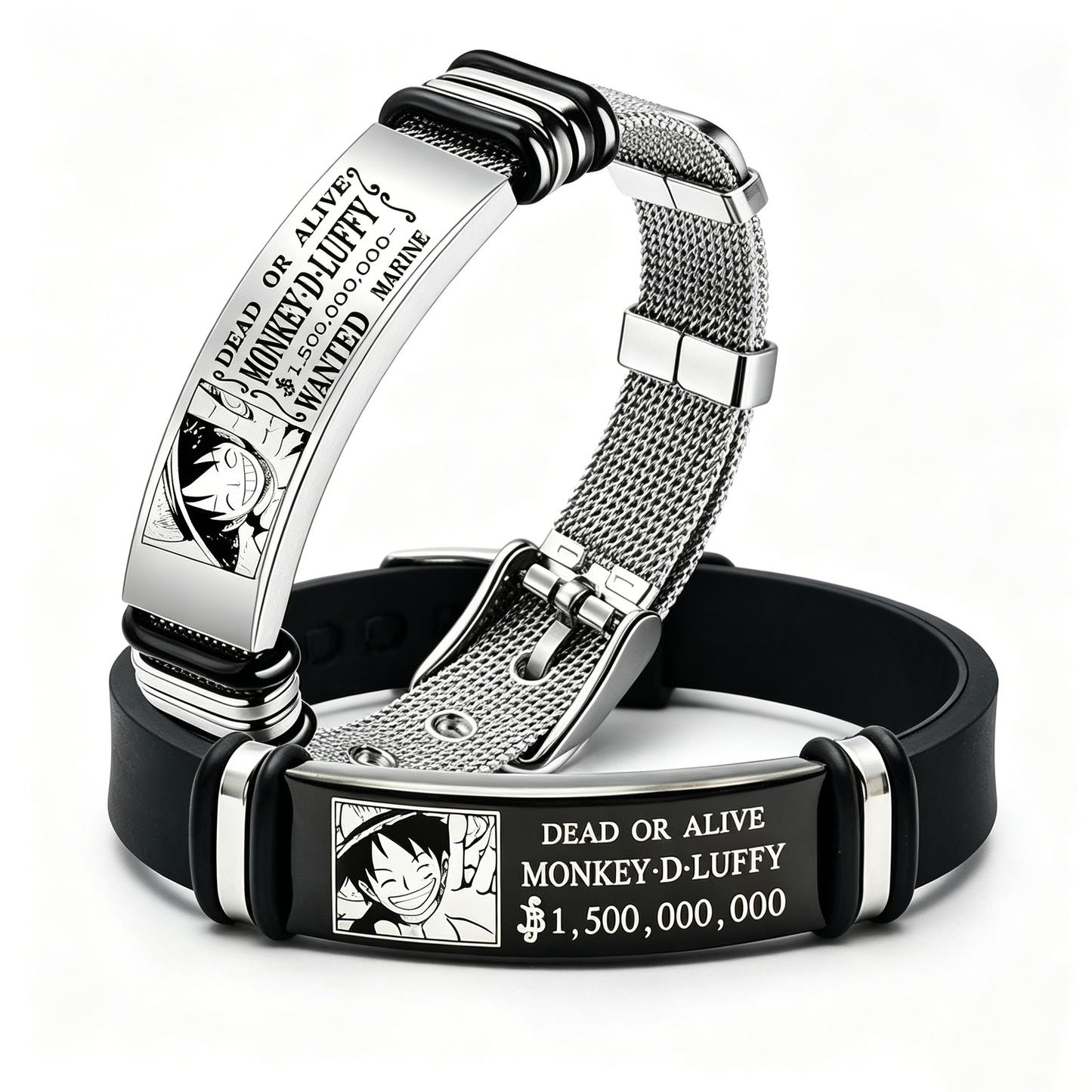 One Piece Luffy Wanted Bounty Bracelet, Monkey D Luffy Anime Stainless Steel Silicone Wristband