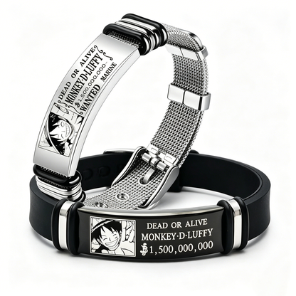 One Piece Luffy Wanted Bounty Bracelet, Monkey D Luffy Anime Stainless Steel Silicone Wristband