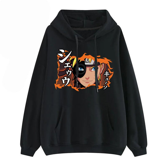 Sasuke-Charakter modelliert coolen, kreativen, dynamischen Cartoon-Hoodie mit blinkenden Augen