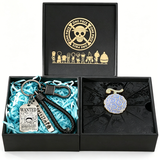 One Piece Luffy Ace Wanted Poster Keychain & Devil Fruit Pin Gift Set, Anime Metal Dog Tag Keychain with Brooch