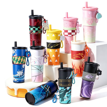Demon Slayer Tanjiro Nezuko All Designs 710ml Insulated Tumbler 316 Stainless Steel Double Wall Coffee Cup Dual Drinking Lid With Straw Charm Leakproof Travel Water Bottle