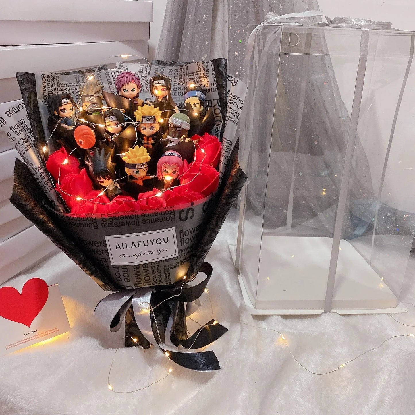 Uzumaki/Sasuke käsintehty ruususaippua LED-kimppu romanttiselle