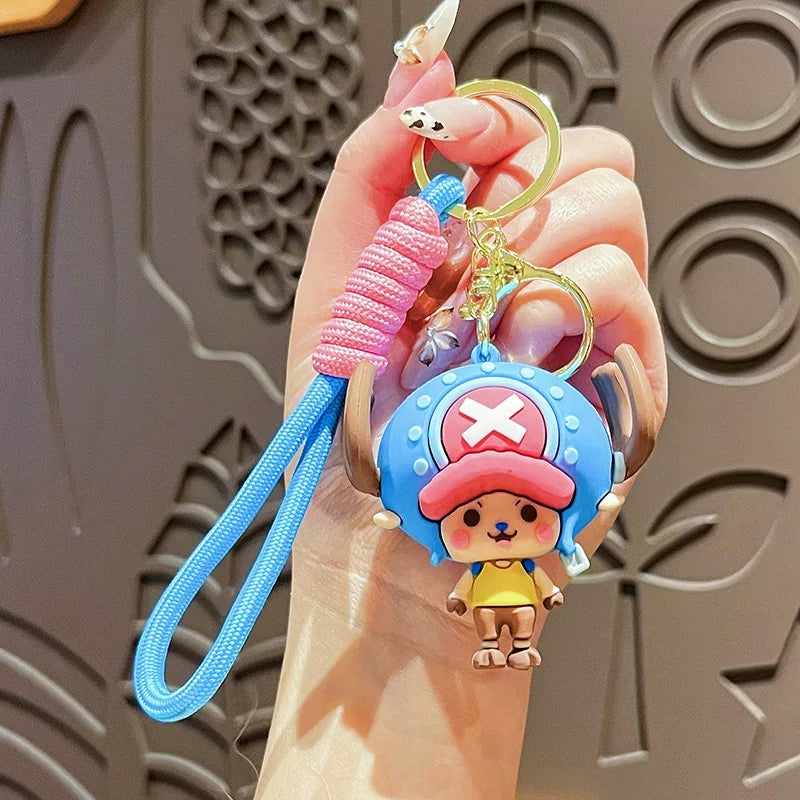 One Piece Luffy Zoro Cute 3D PVC Keychain, Anime Figure Key Ring with Braided Lanyard Pendant
