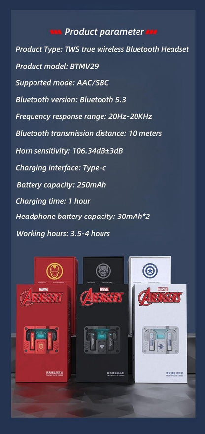 Marvel Iron Man Captain America Wireless Earbuds, Marvel Bluetooth Headphones with Charging Case