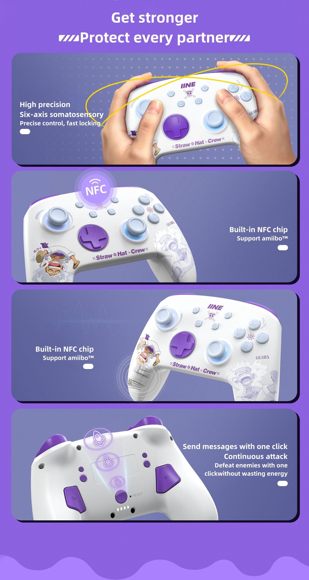 Gamepad Nika Luffy con luces ajustables, controladores inalámbricos Bluetooth para mano izquierda y derecha