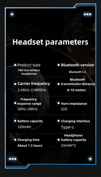 Marvel Iron Man Captain America TWS Wireless Gaming Earbuds, Sports Car LED Light Bluetooth 5.3 Headphones
