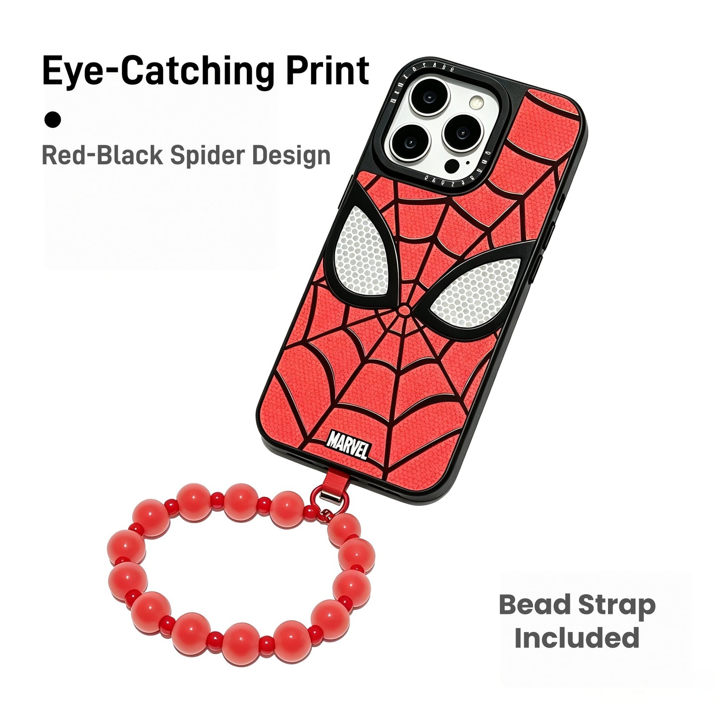 Marvel Spider-Man Red Web Print Phone Case With Removable Bead Strap, Soft Shockproof Bumper Slim Lightweight Scratch Resistant Protective Cover Comfort Grip Design