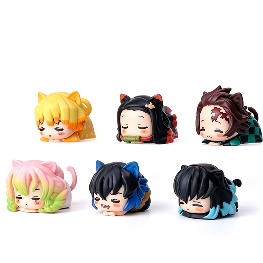 Demon Slayer Nezuko Tanjiro Cat Ear Chibi Figures, 6pcs Anime Sleeping Figurine Set