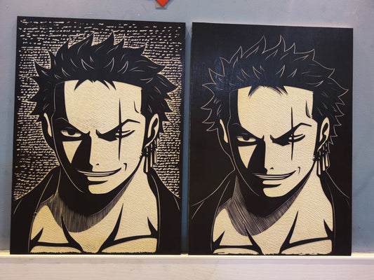 Roronoa Zoro hahmottelee veistettyjä puumaalauksia