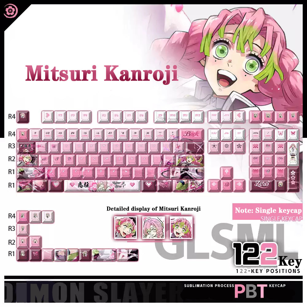 Demon Slayer Kanroji Mitsuri Keycaps 122 PBT Sublimation Keycap sæt til mekanisk tastatur med detaljeret skærm og mulighed for enkelt tastatur