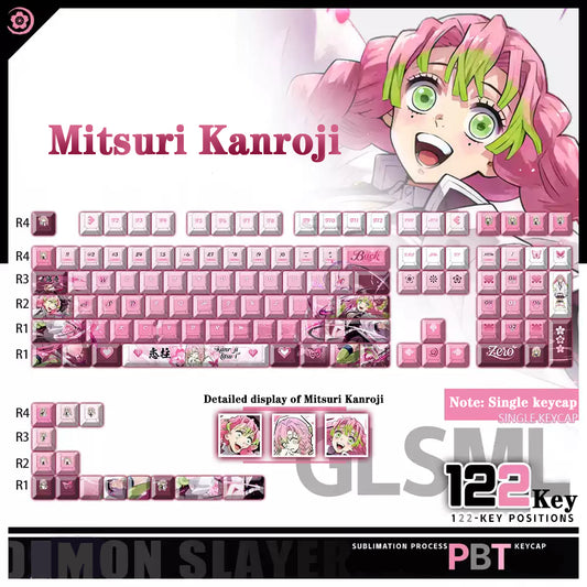 Demon Slayer Kanroji Mitsuri Keycaps 122 PBT Juego de teclas de sublimación para teclado mecánico con pantalla detallada y opción de tecla única