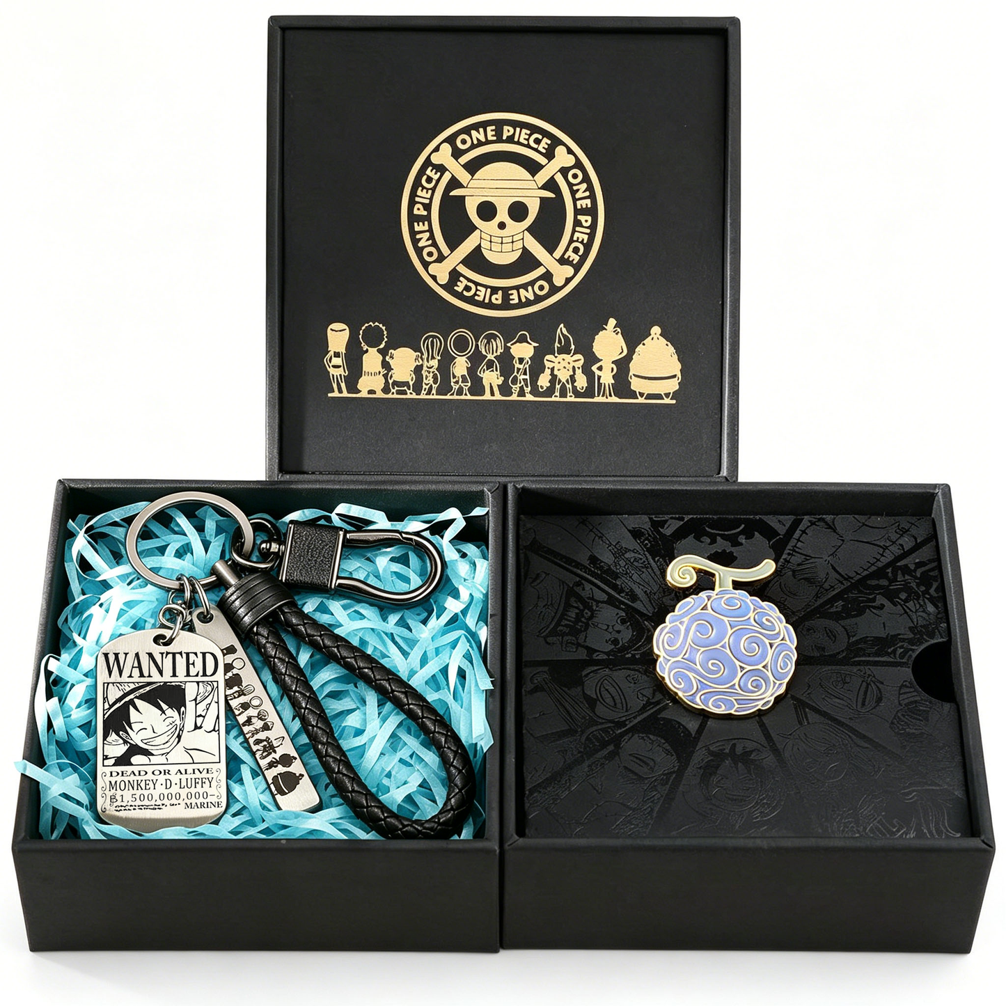 One Piece Luffy Ace Wanted Poster Keychain & Devil Fruit Pin Gift Set, Anime Metal Dog Tag Keychain with Brooch