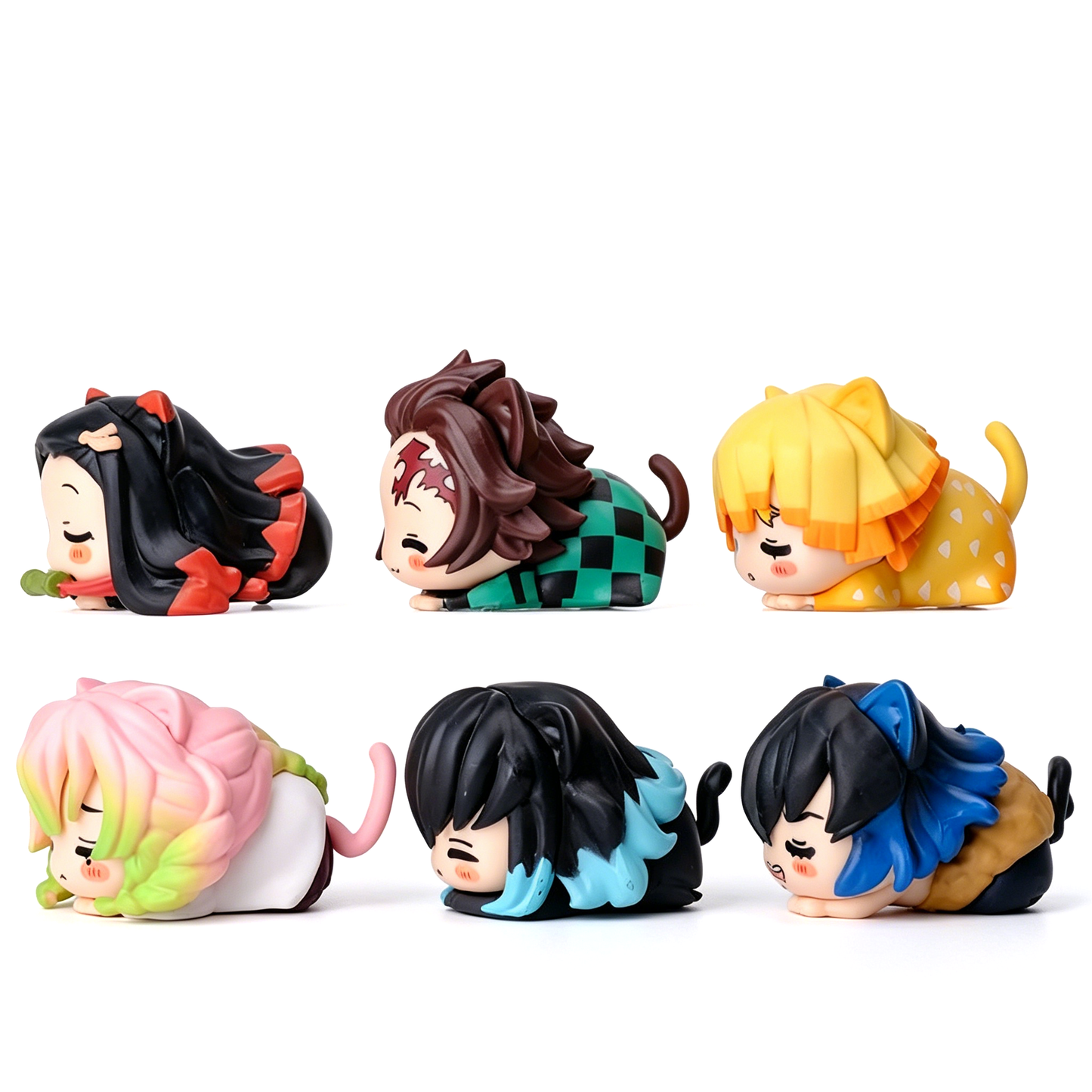 Demon Slayer Nezuko Tanjiro Cat Ear Chibi figurer, 6 stk Anime Sovende Figursæt