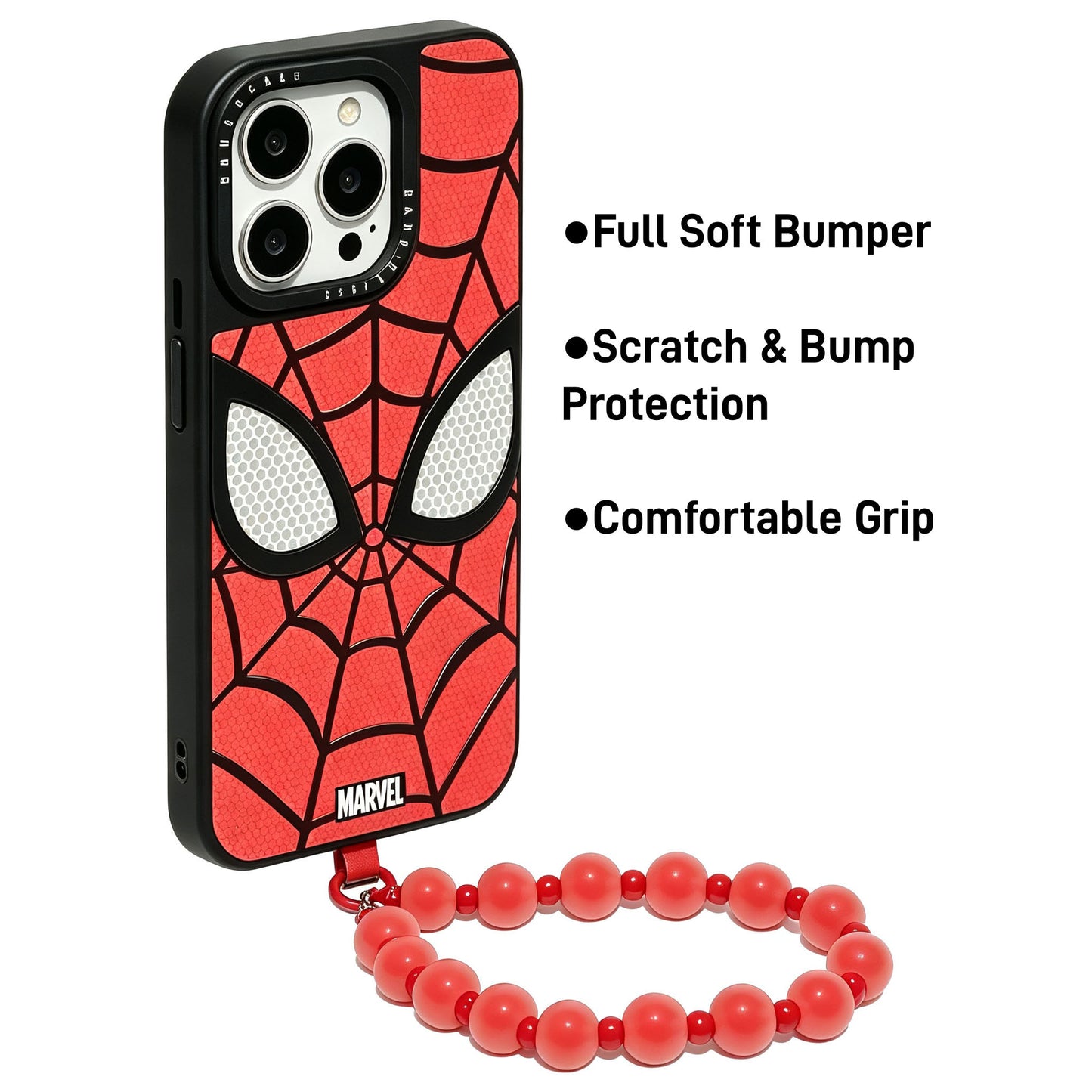 Marvel Spider-Man Red Web Print Phone Case With Removable Bead Strap, Soft Shockproof Bumper Slim Lightweight Scratch Resistant Protective Cover Comfort Grip Design