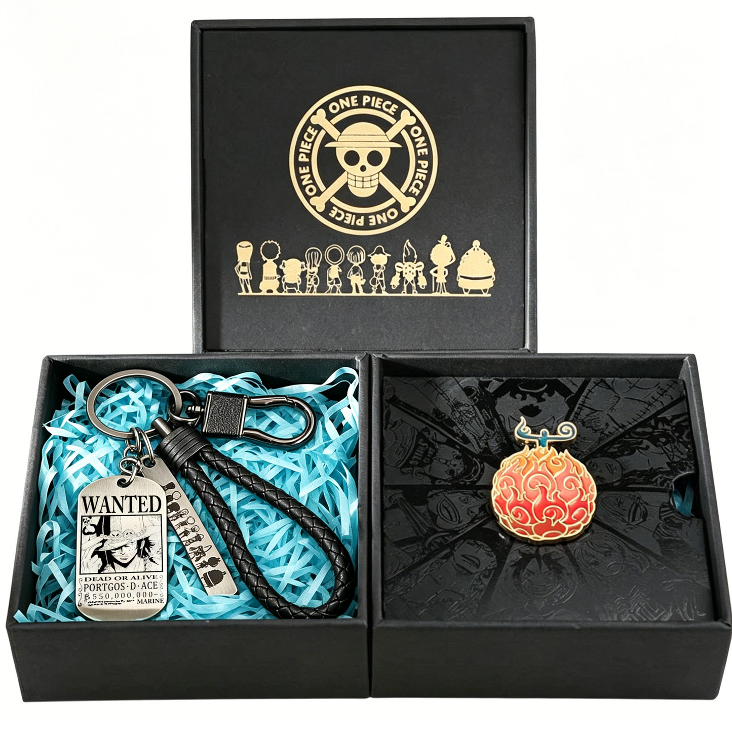 One Piece Luffy Ace Wanted Poster Keychain & Devil Fruit Pin Gift Set, Anime Metal Dog Tag Keychain with Brooch