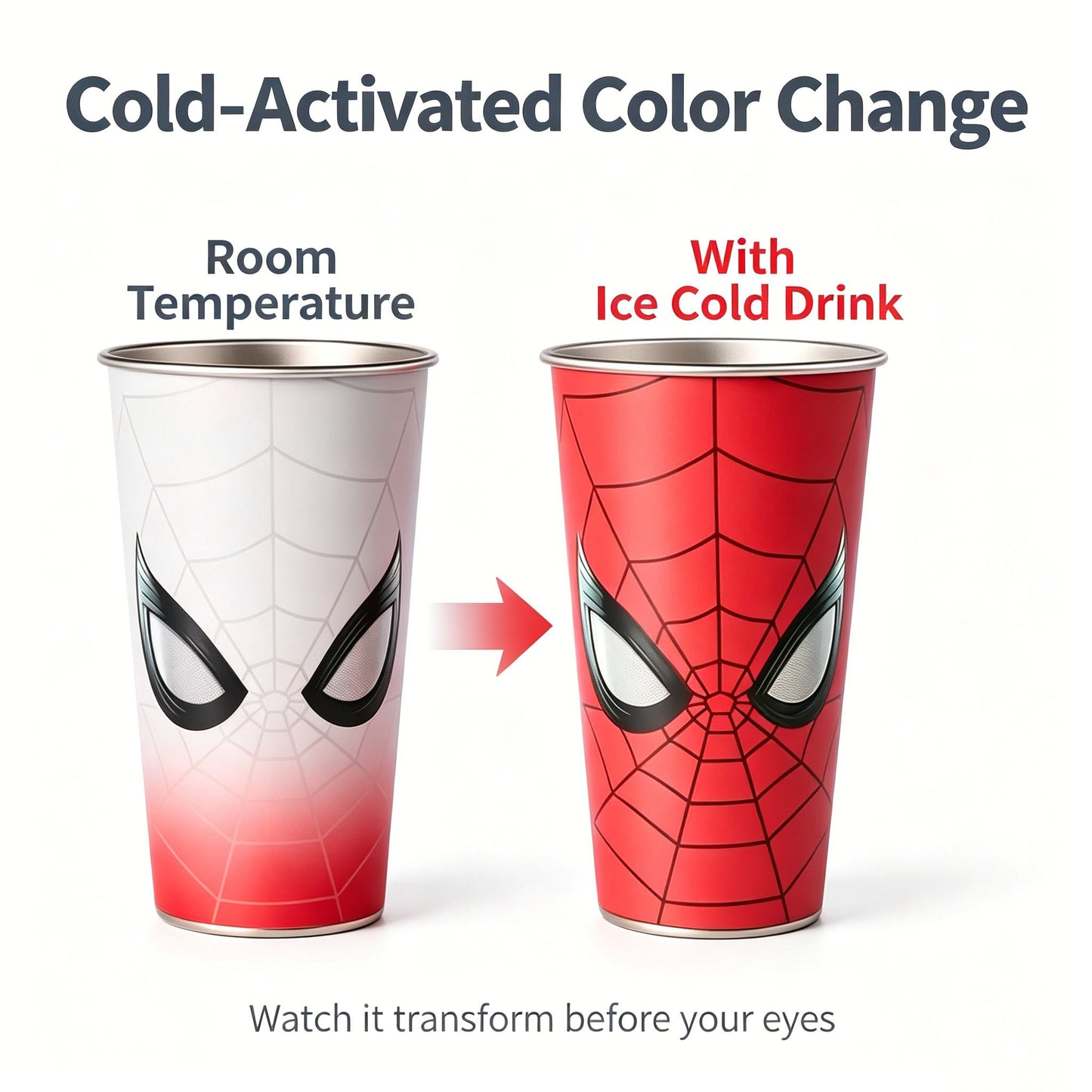 Marvel Spider-Man Cold Color Changing 304 Stainless Steel Cup Glow In Dark Eyes 700ml Large Capacity Iced Coffee Cold Drink Tumbler With Gift Box