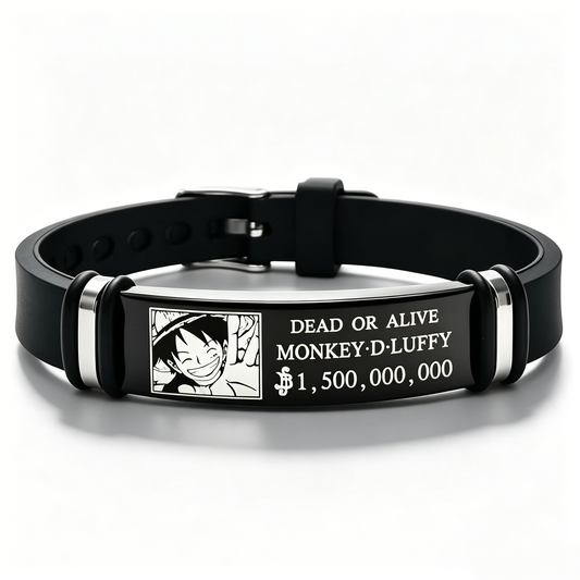 One Piece Luffy Wanted Bounty Bracelet, Monkey D Luffy Anime Stainless Steel Silicone Wristband