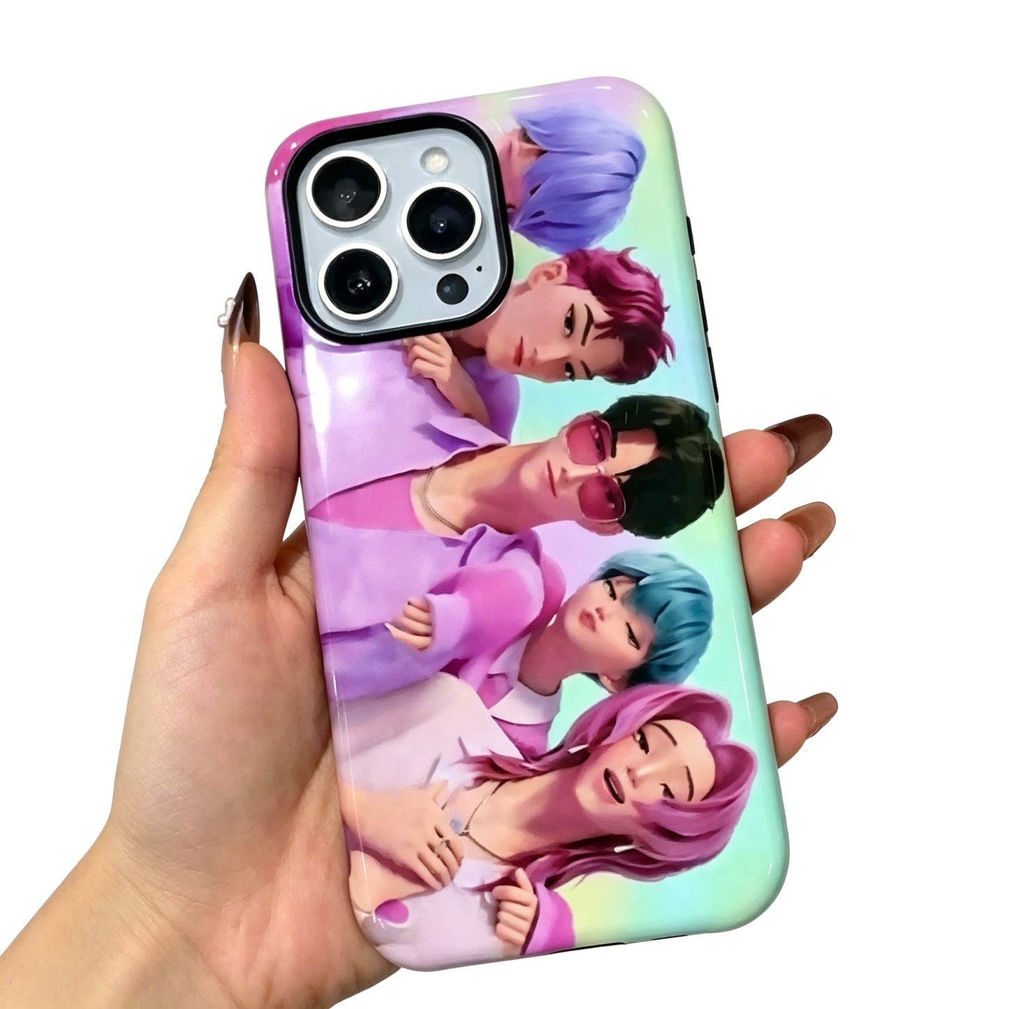 Kpop Demon Hunters Group Anime pouzdro na iPhone, pevný ochranný kryt na telefon s lesklou fólií