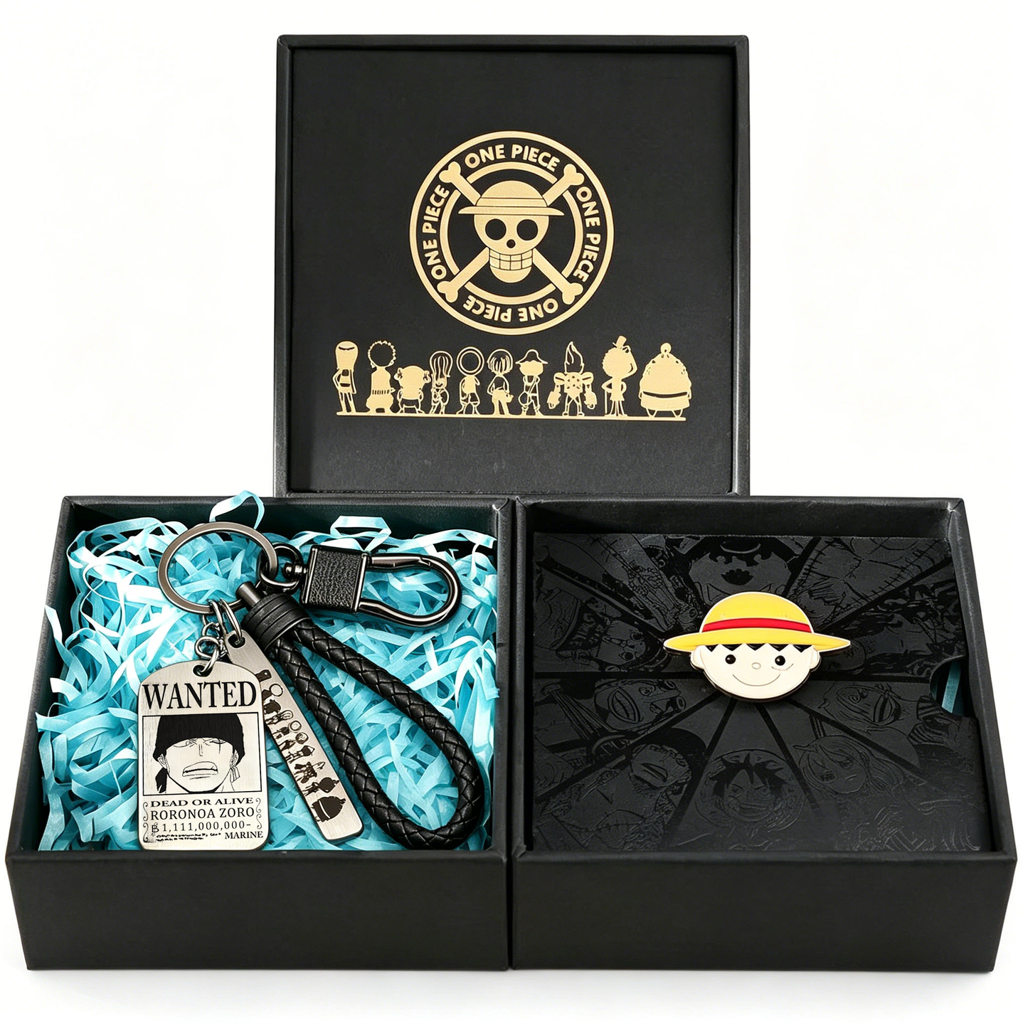 One Piece Luffy Ace Wanted Poster Keychain & Devil Fruit Pin Gift Set, Anime Metal Dog Tag Keychain with Brooch