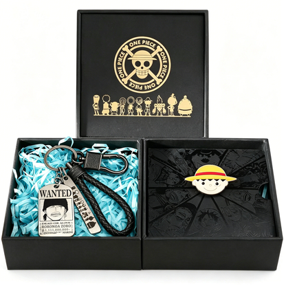 One Piece Luffy Ace Wanted Poster Keychain & Devil Fruit Pin Gift Set, Anime Metal Dog Tag Keychain with Brooch